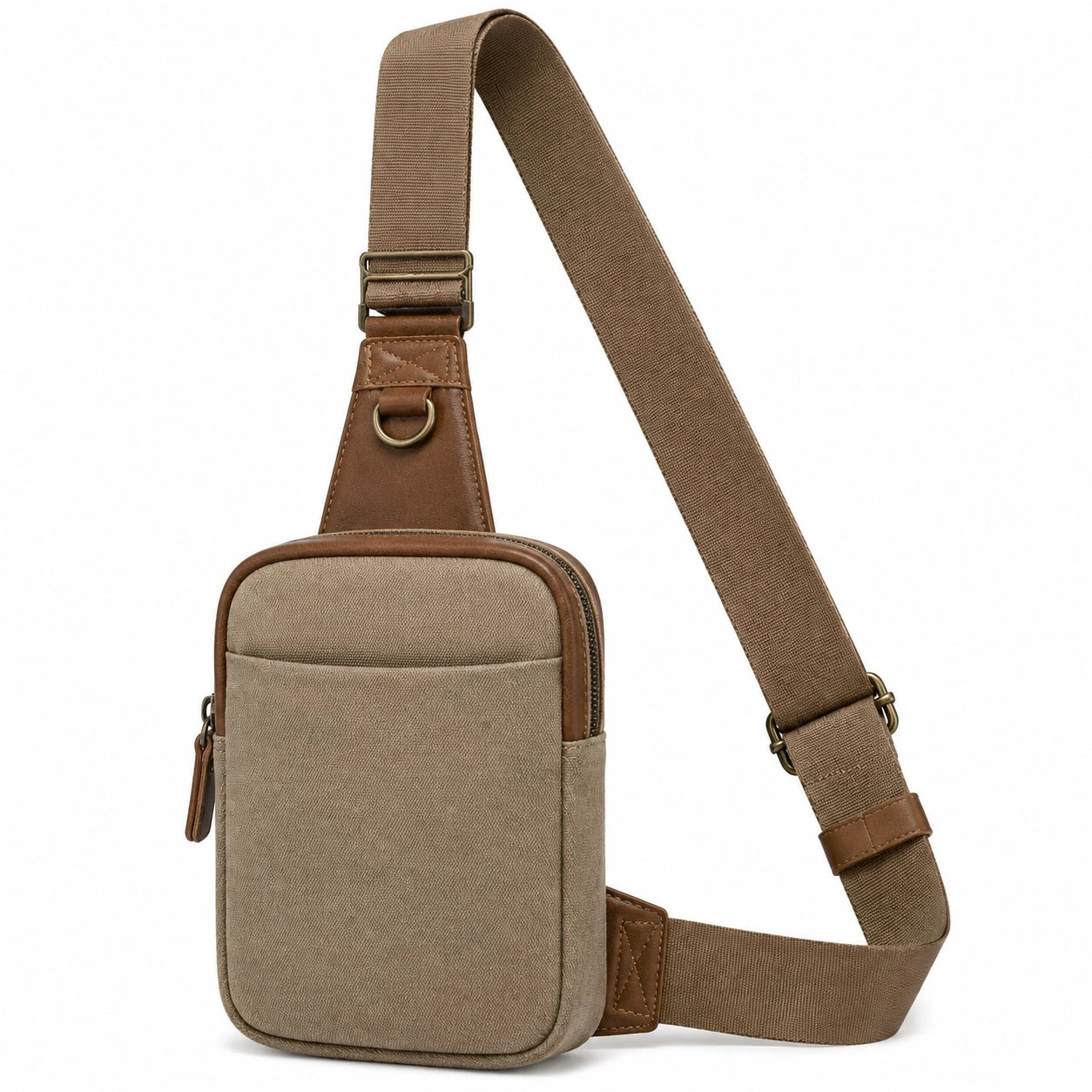 Borsa a tracolla 17 x 7 x 30 cm in tessuto beige e similpelle marrone con tracolla regolabile