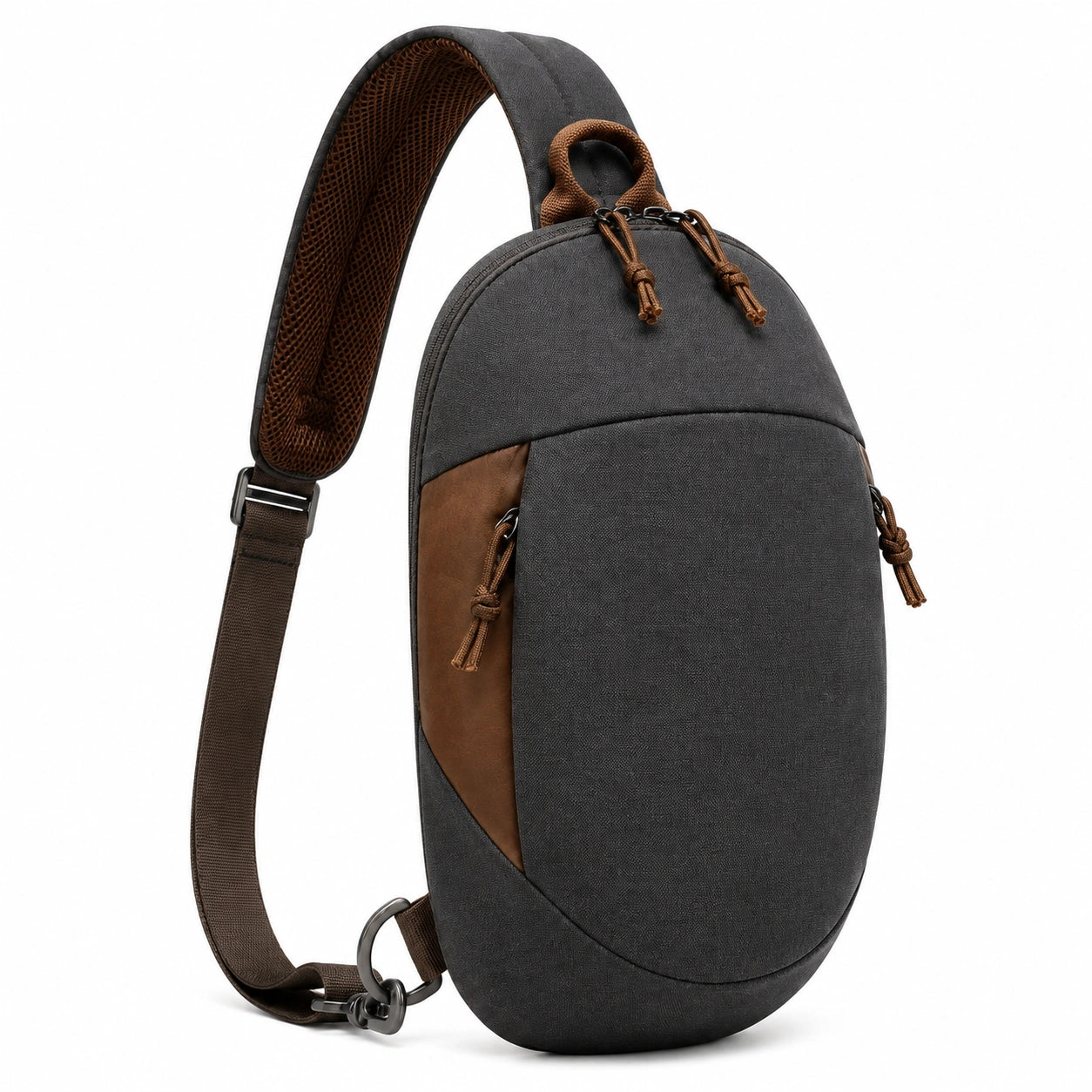 Borsa a tracolla 18 x 8 x 32 cm in tessuto grigio scuro e marrone con tracolla regolabile