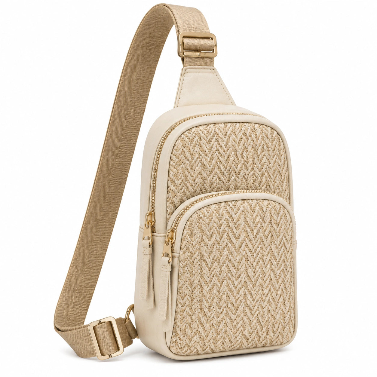 Borsa a tracolla 18 x 8 x 30 cm in tessuto intrecciato beige con scomparti e tracolla regolabile