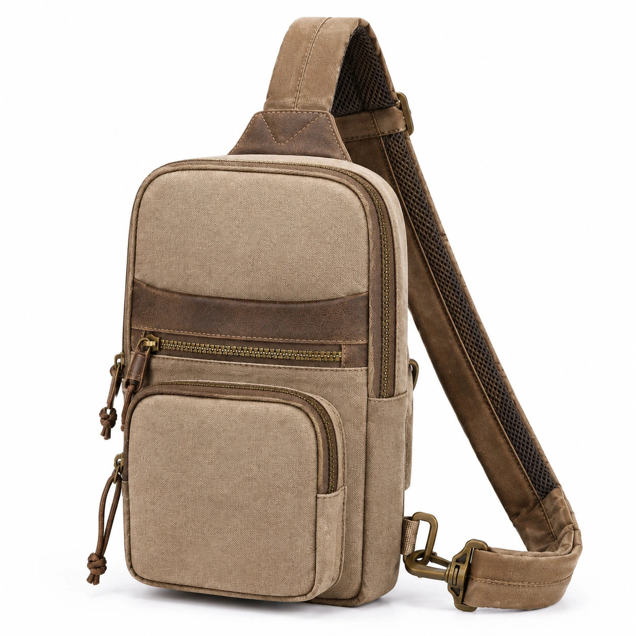 Borsa a tracolla 18 x 8 x 30 cm in tessuto beige e similpelle marrone con tasche con zip