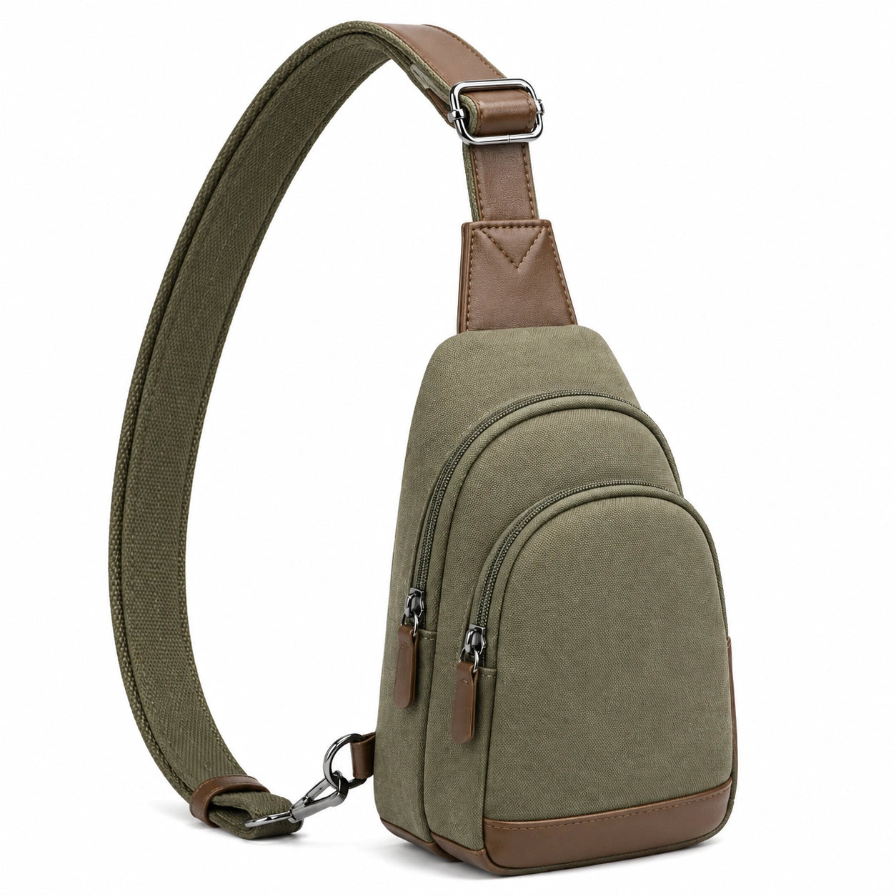 Borsa a tracolla 18 x 8 x 30 cm in tela verde oliva con finiture marroni - due scomparti con zip e tracolla regolabile