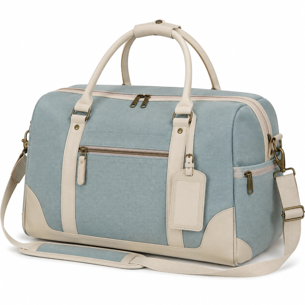 Borsa da viaggio 45 x 25 x 30 cm in tessuto azzurro e similpelle beige - tracolla regolabile