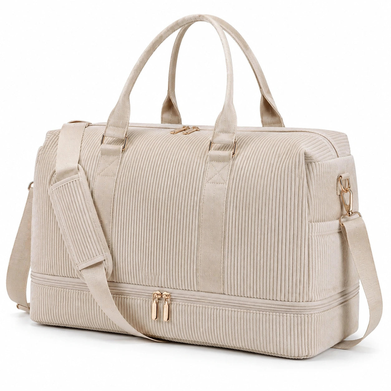 Borsone da viaggio 45 x 25 x 30 cm in tessuto a coste beige con scomparto separato e tracolla