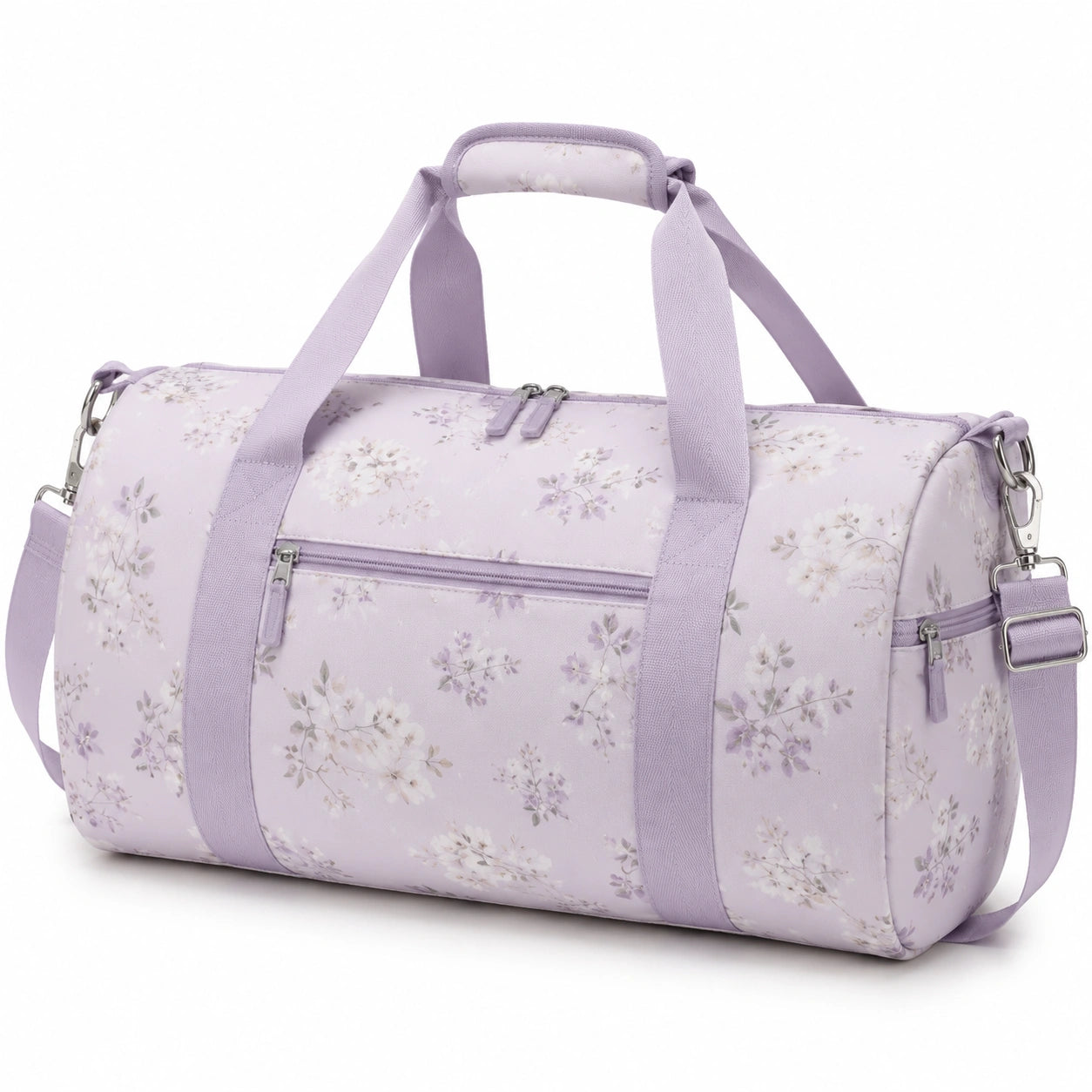 Borsone da viaggio 45 x 25 x 25 cm in tessuto sintetico lilla a fiori con tracolla regolabile