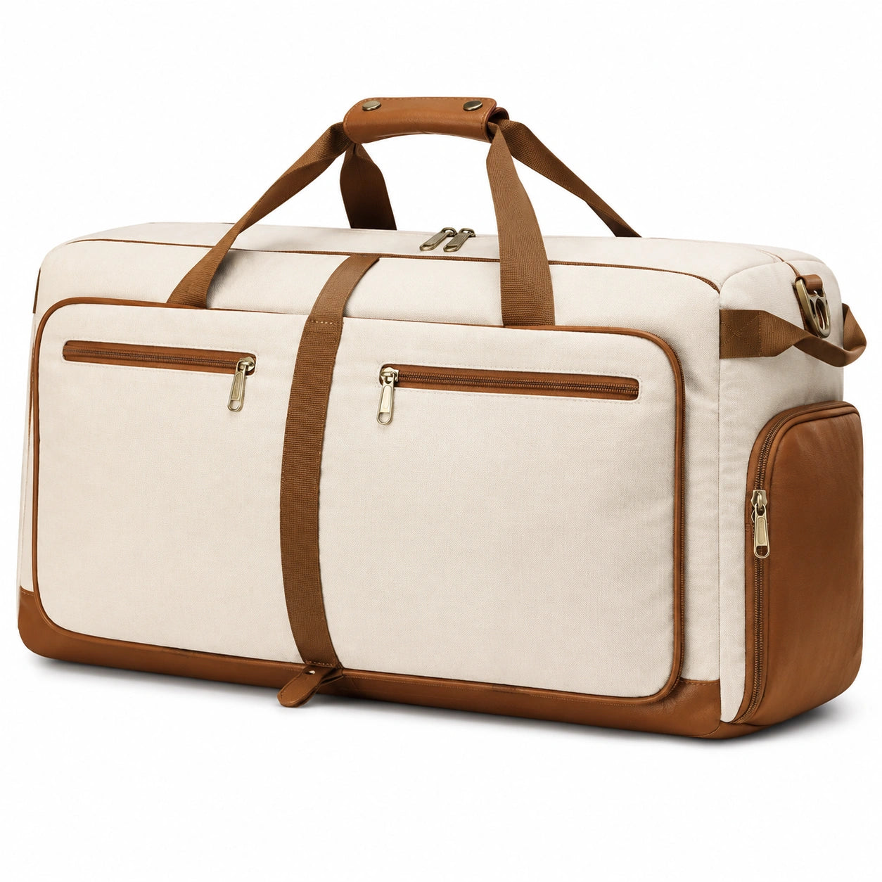 Borsone da viaggio 55 cm in tessuto beige e similpelle marrone con tasche esterne