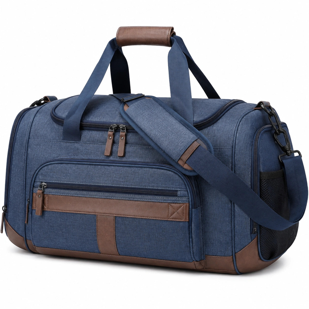 Borsone da viaggio 50 x 25 x 28 cm in tessuto blu e similpelle marrone con tracolla regolabile