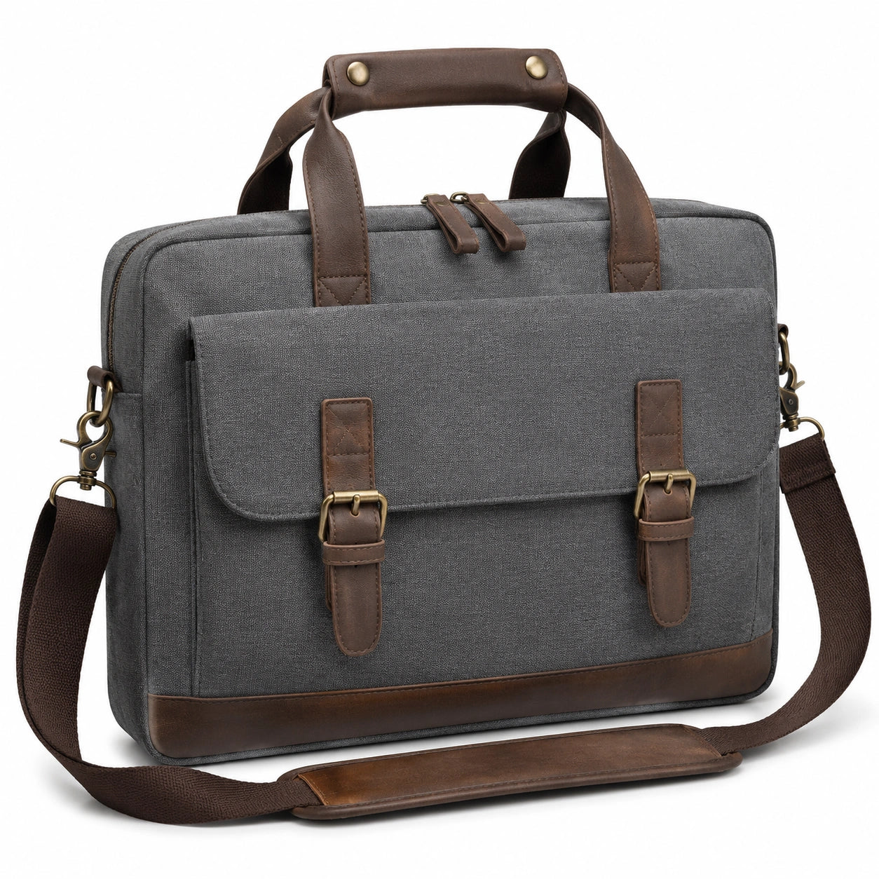 Borsa portadocumenti 40 x 30 x 10 cm in tessuto grigio e similpelle marrone con tracolla