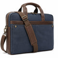 Borsa portadocumenti 40 x 30 x 8 cm in tessuto blu e similpelle marrone con tracolla regolabile