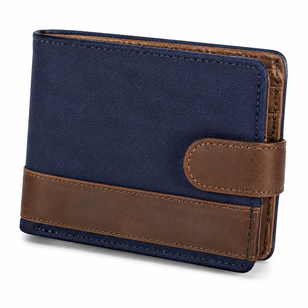 Portafoglio uomo 12 x 9 x 2 cm in materiale sintetico blu e marrone con chiusura a patta