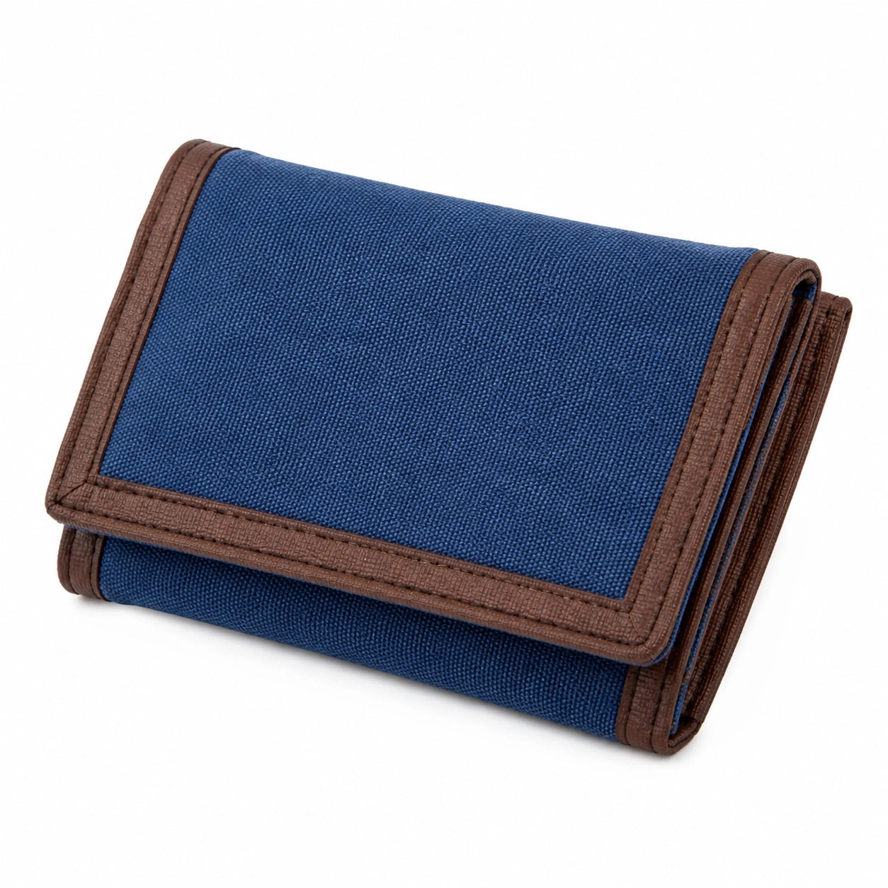 Portafoglio da donna 19 x 10 x 3 cm in tessuto blu e similpelle marrone - pieghevole con patta