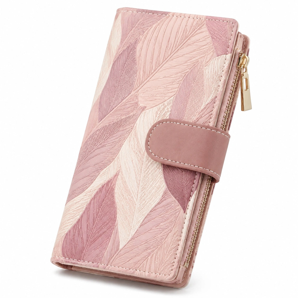 Portafoglio da donna 19 x 10 x 3 cm in pelle sintetica rosa con stampa foglie e chiusura con patta