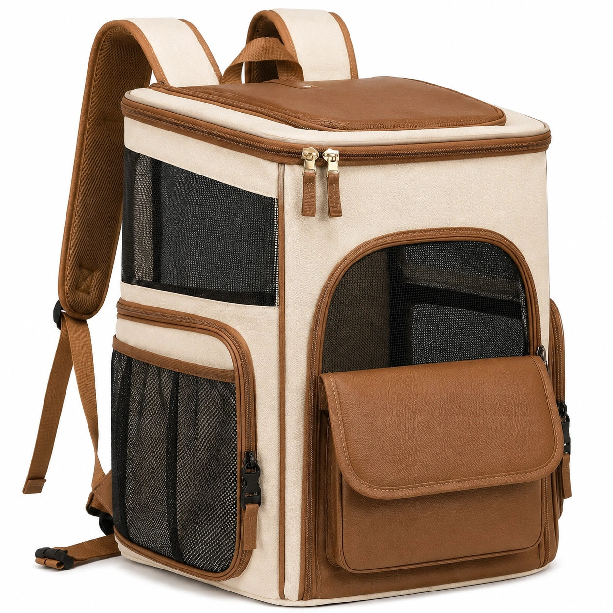 Zaino trasportino per animali 42 x 30 x 45 cm in tessuto beige e marrone con rete traspirante
