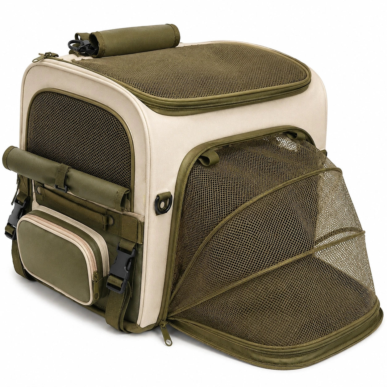 Trasportino per animali 45 x 30 x 30 cm in tessuto beige e verde con rete espandibile