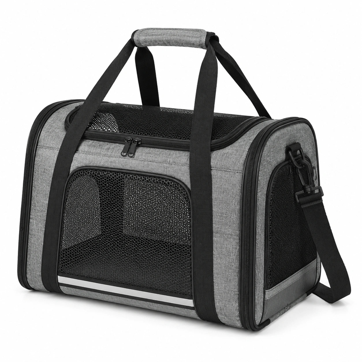 Borsa trasportino per animali 45 x 28 x 28 cm in tessuto grigio con rete nera - ventilata con tracolla