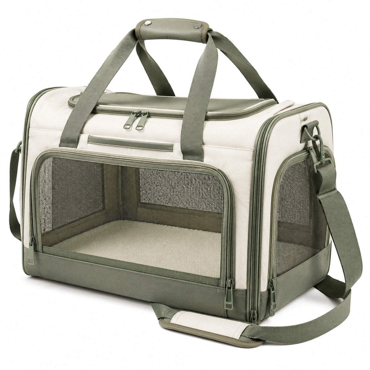 Borsa trasportino per animali 45 x 28 x 30 cm in tessuto beige e verde con rete traspirante