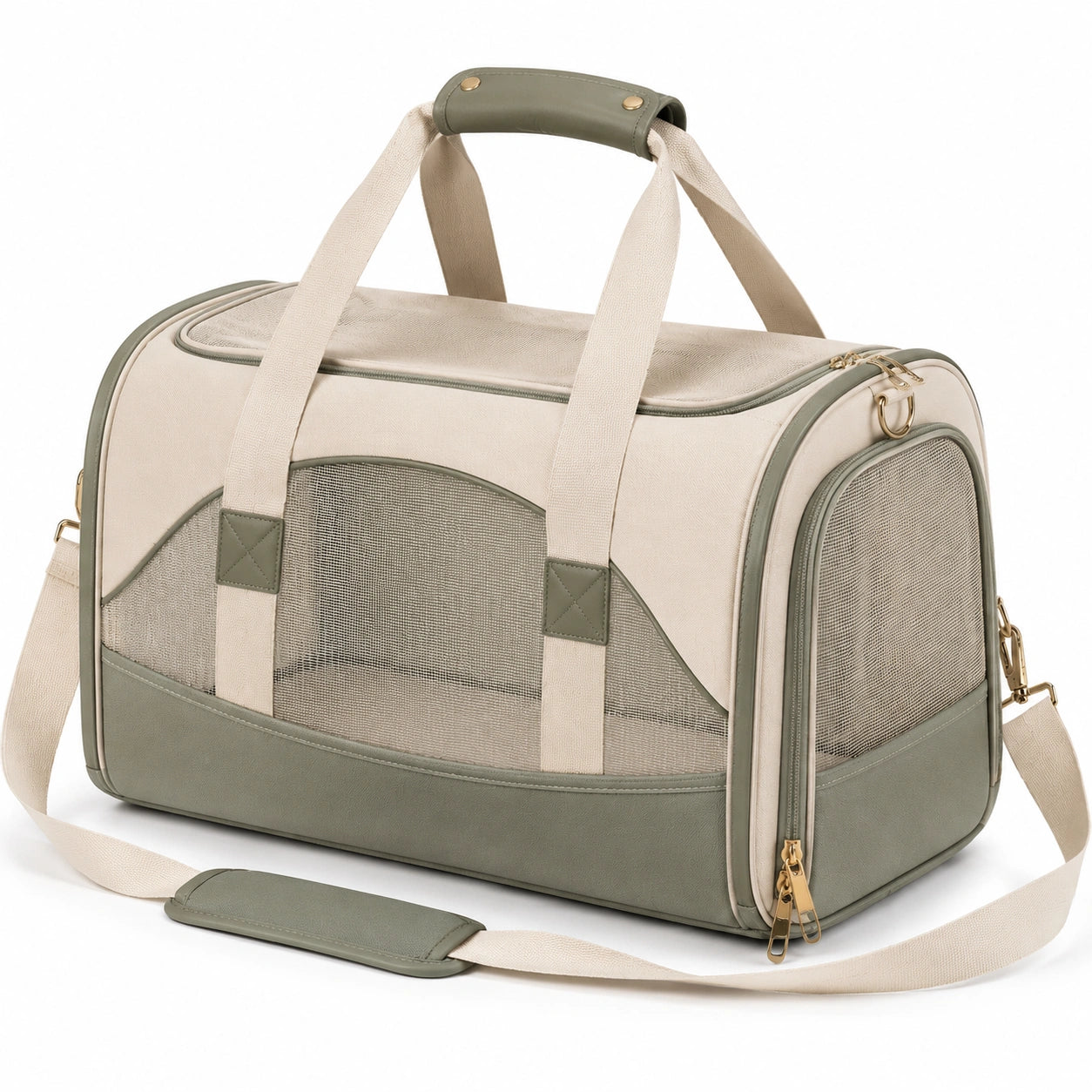 Trasportino per animali 45 x 28 x 30 cm in tessuto beige e verde con rete e tracolla