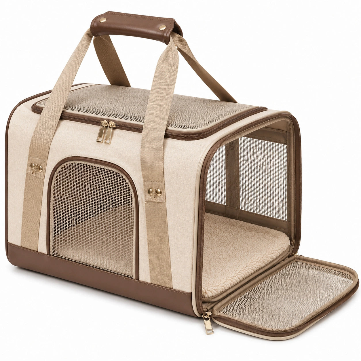 Trasportino per animali 45 x 30 x 30 cm in tessuto beige e marrone con rete e cuscino interno