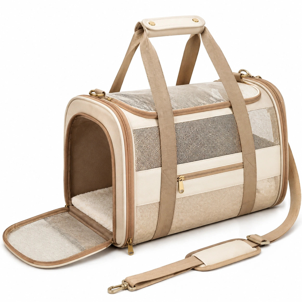 Trasportino per animali 45 x 28 x 28 cm in tessuto beige con rete traspirante e tracolla