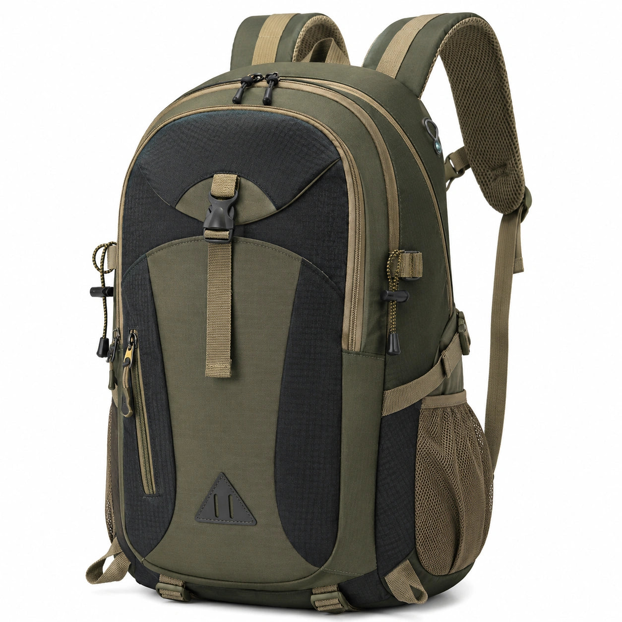 Zaino trekking 32 x 20 x 48 cm in tessuto verde oliva e nero con tasche multiple