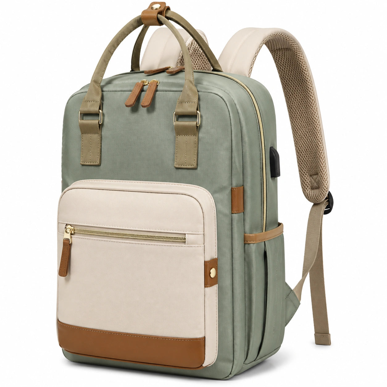 Zaino 30 x 15 x 40 cm in tessuto verde salvia e beige con tasche multiple per lavoro e viaggio